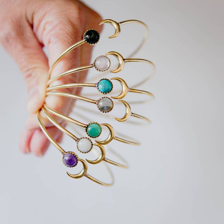 Bella Vita Jewelry - Wholesale Cuff Bracelet - Gemstone Sun and Moon Open Brass Bangle Bracelet