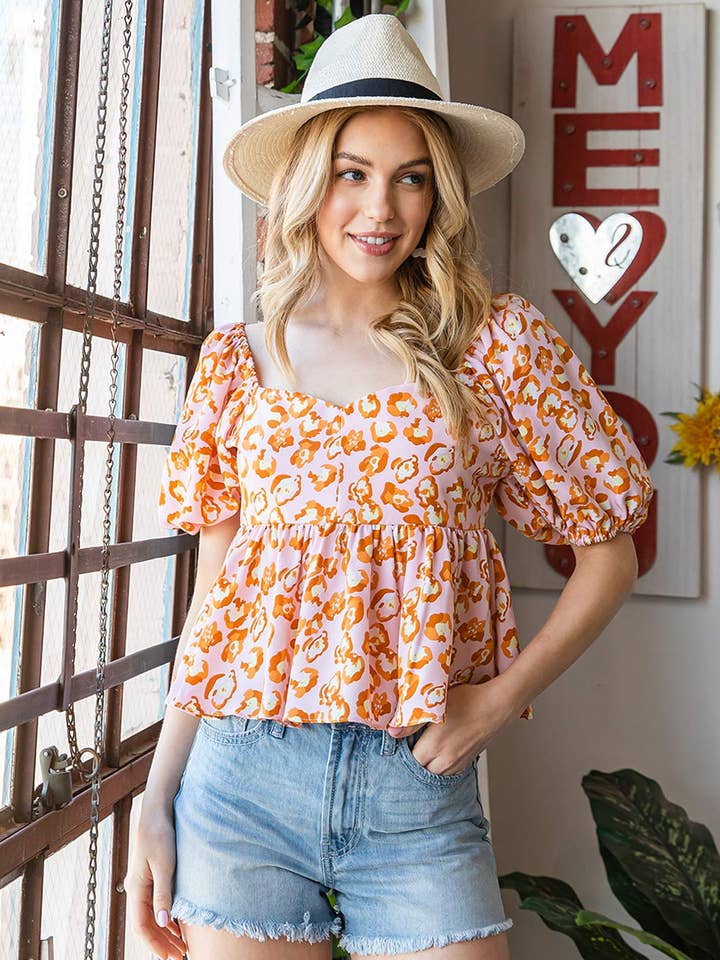 BL64494W-Peplum Square Neck Top W/ Bubble Sleeve for wholesale by Cotton Bleu