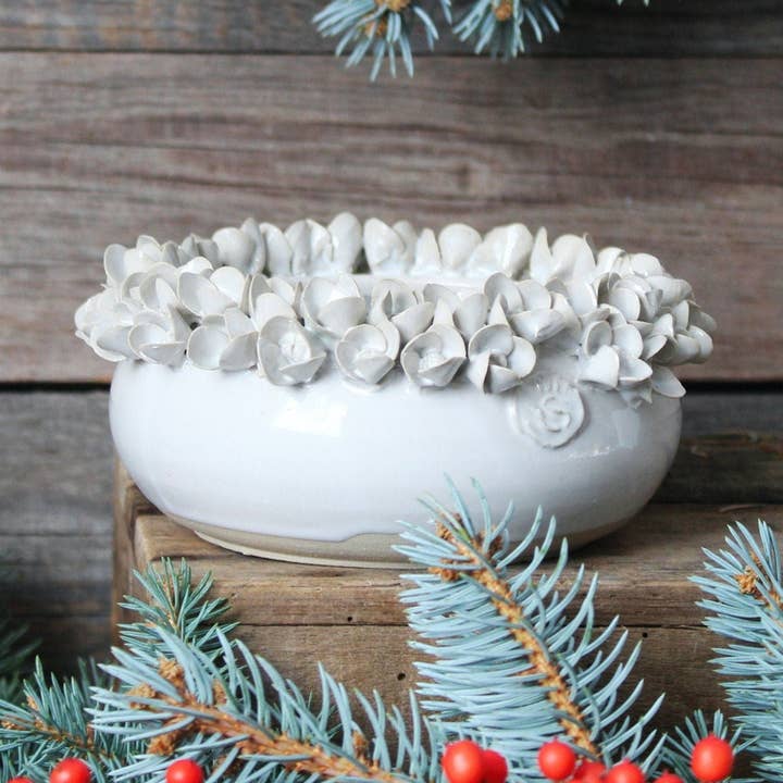 Hydrangea - white stoneware bowl/vase with hydrangea flowers for wholesale by L'Officina