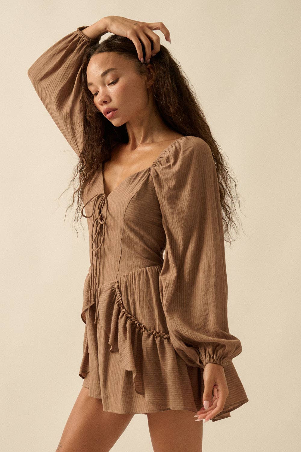 Promesa USA - Wholesale Romper - Women's - Tonal-Stripe Ruffled Tie-Front Peasant Romper4