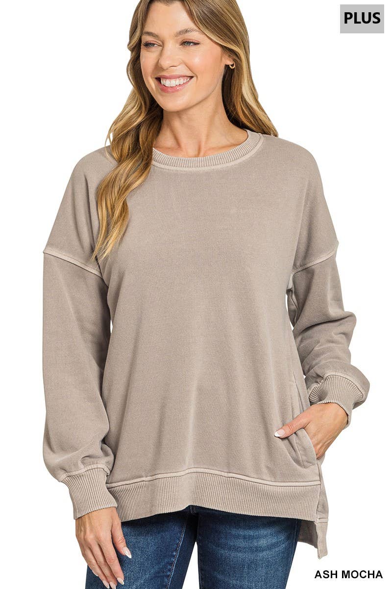 42POPS – wholesale Sweatshirt – Women's – .0827 Plus Pigment Dye Fleece Hi Low Hem Pullover With Pocket SI-212