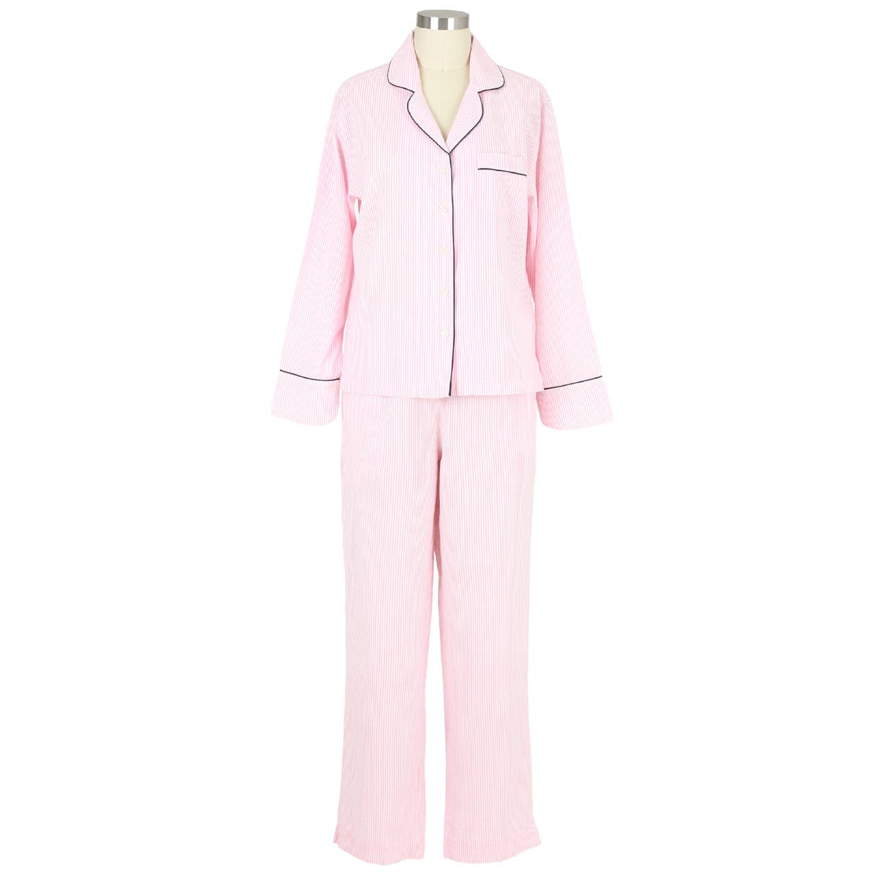 Needham Lane - Wholesale Sleepwear Set - Women's - Pink Seersucker-Navy Long Sleeve Pajamas1