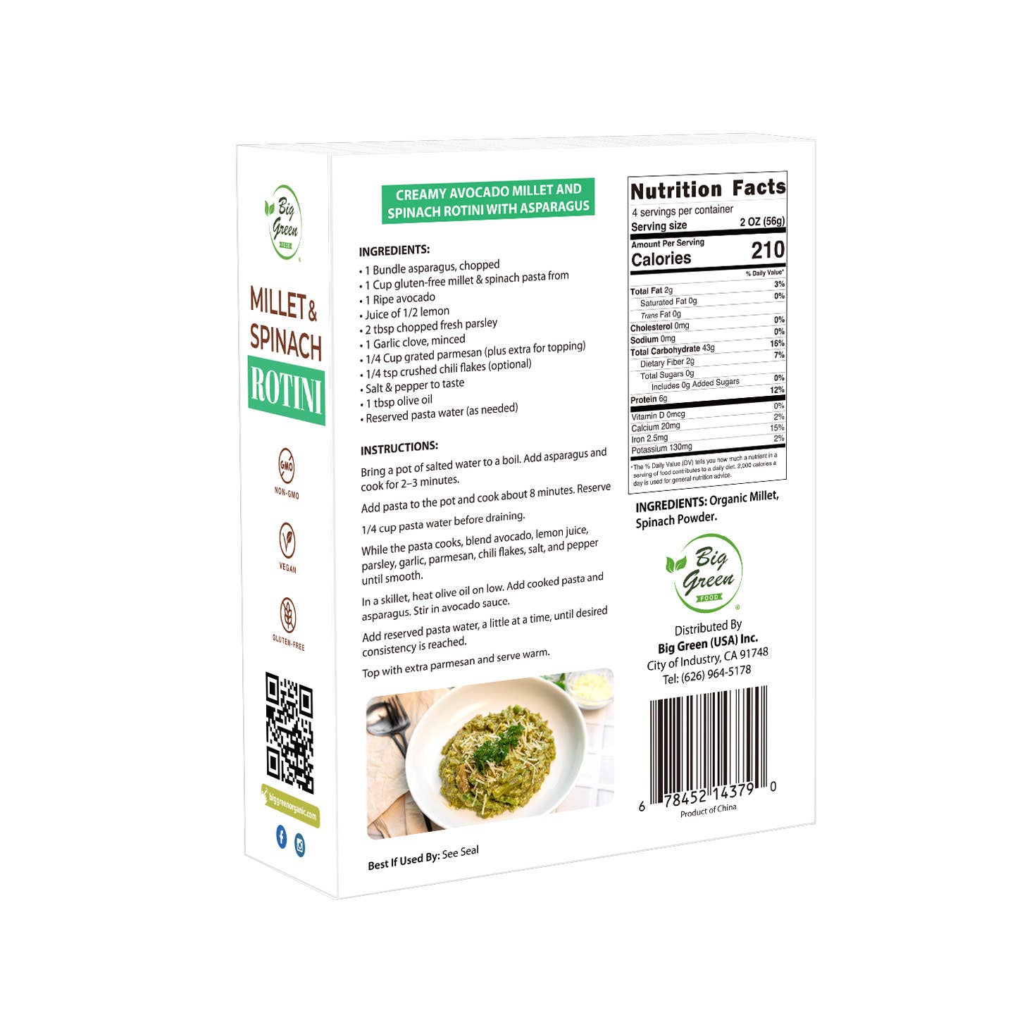 Big Green Organic Food – wholesale Pasta – Millet & Spinach Rotini1