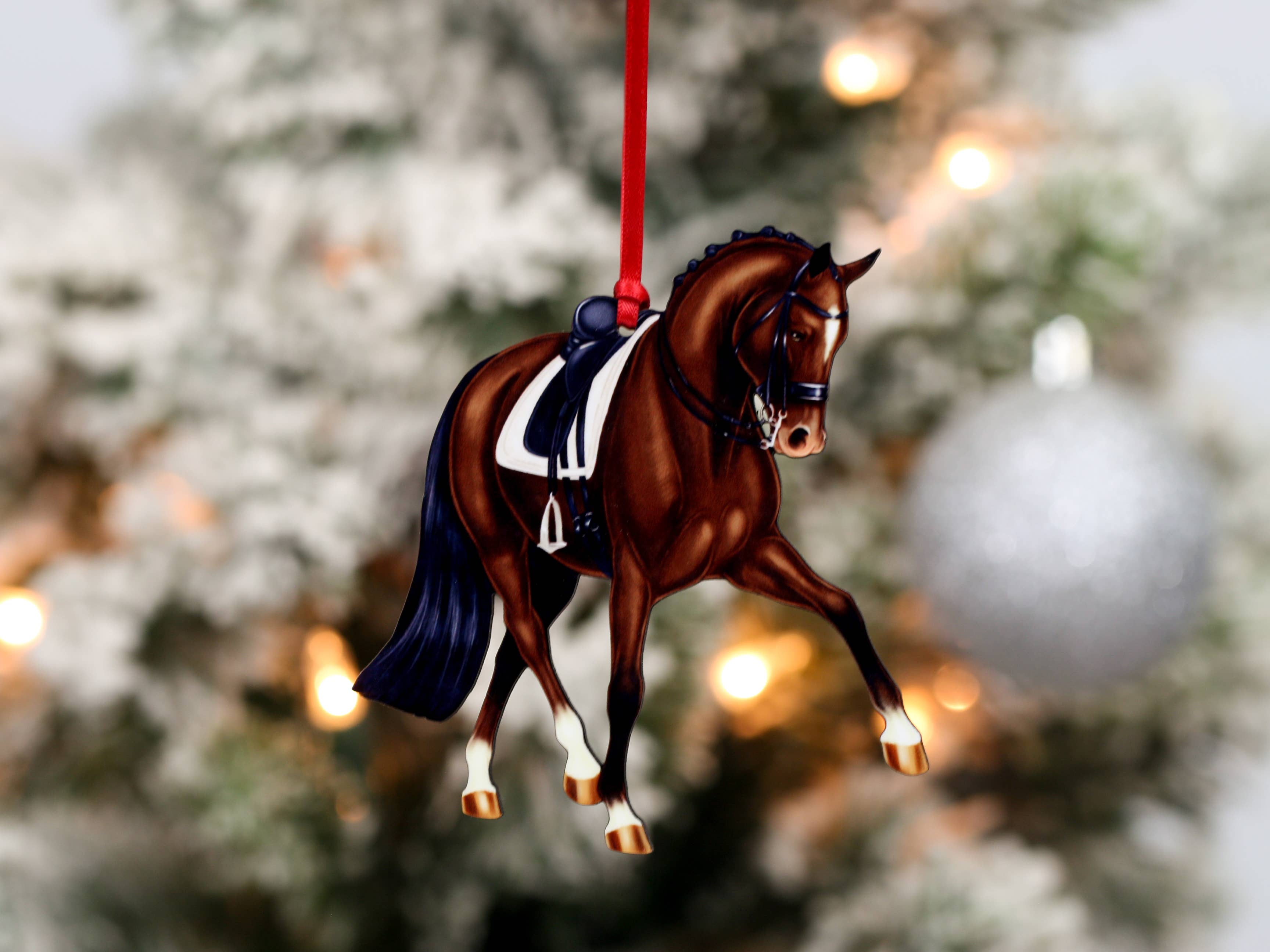 Classy Equine – wholesale Ornament – Dressage Horse Christmas Ornament -  Bay Half Pass Dressage4