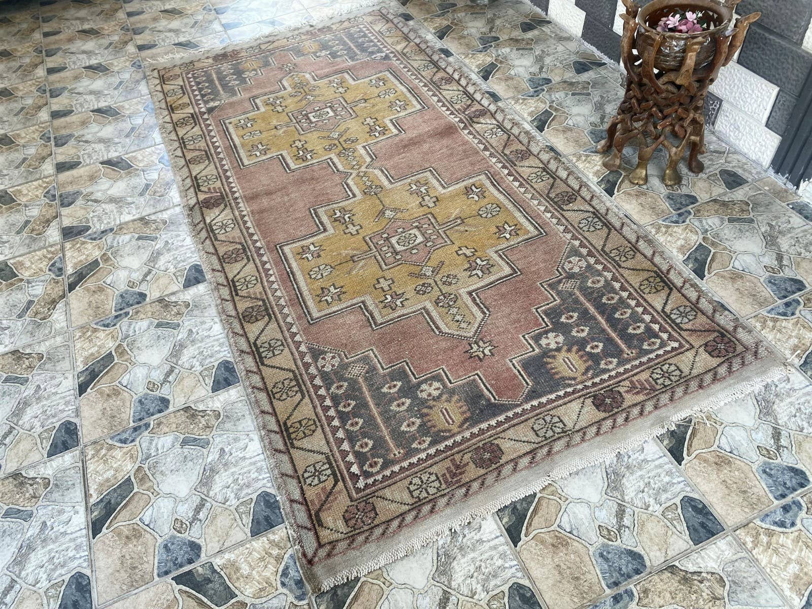 Oushak Rugs - Wholesale Area Rug - 1970 Turkish Vintage Handmade Wool Rug Geometric 4.5x8.8 ft3