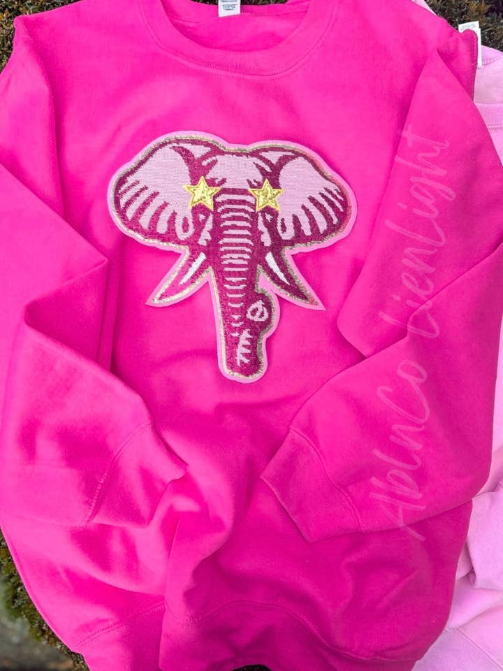 Hot Pink Elephant Bama Sequin Patch Preppy Crew Sweatshirt for wholesale by ABLNco