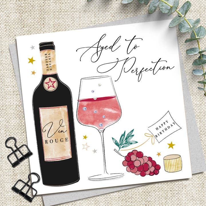 Katie Phythian Design – wholesale Birthday card – Aged to perfection Happy Birthday - red wine0