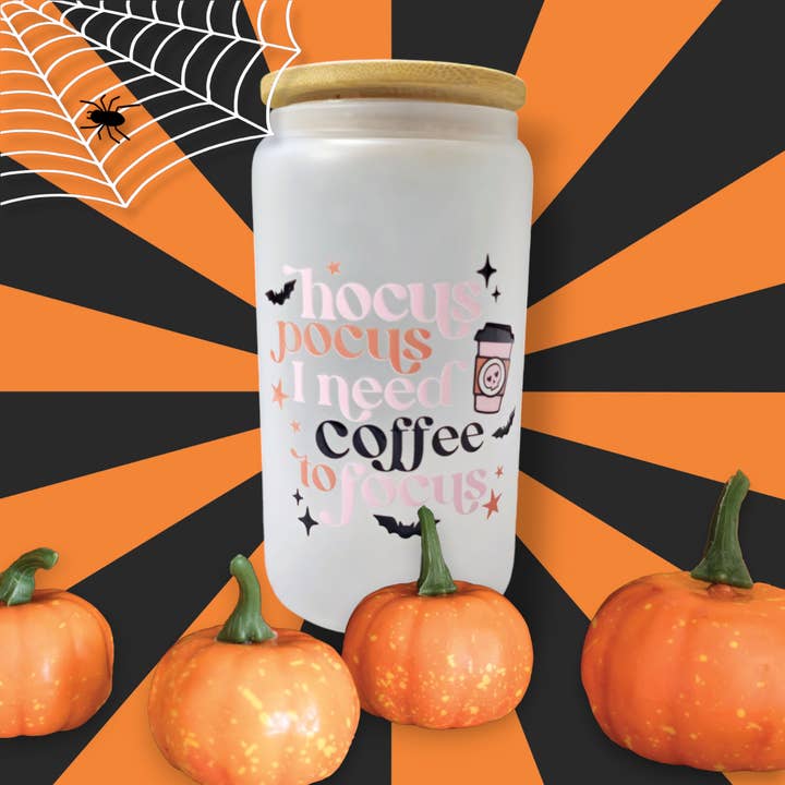 Celestia Libra Creative – wholesale Drinking glass/cup – Hocus Pocus I Need Coffee To Focus - 16oz Glass Can Cup | Spooky Design1