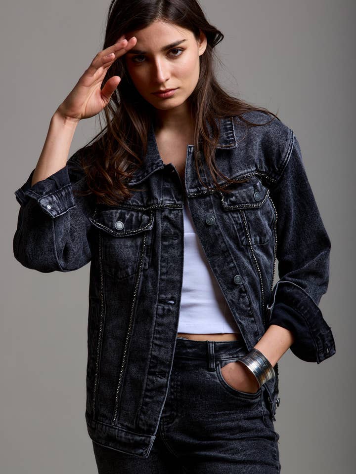 Toxik3 veste en jean liserets strass for wholesale by Toxik3