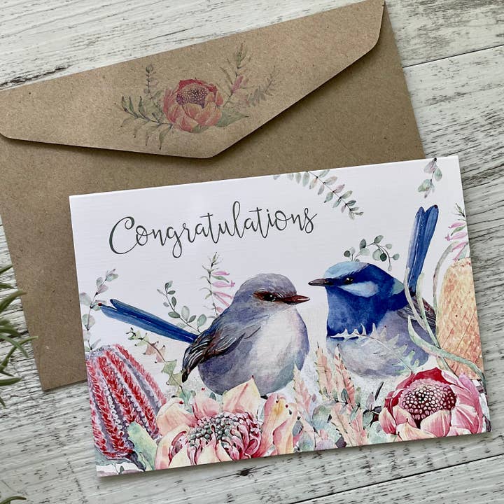 Scattered Seed Co - Wholesale Congratulations card - Superb Fairy Wren - Wedding/Engagement Card3