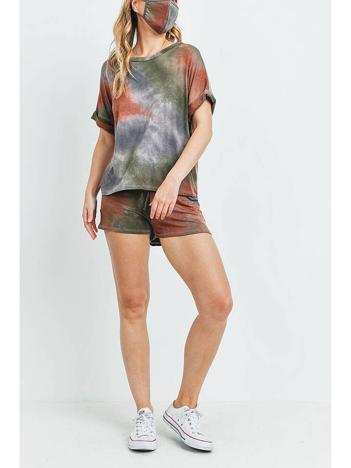 TIE DYE ROLL UP SLEEVE TOP AND SHORT SET for wholesale on Faire5