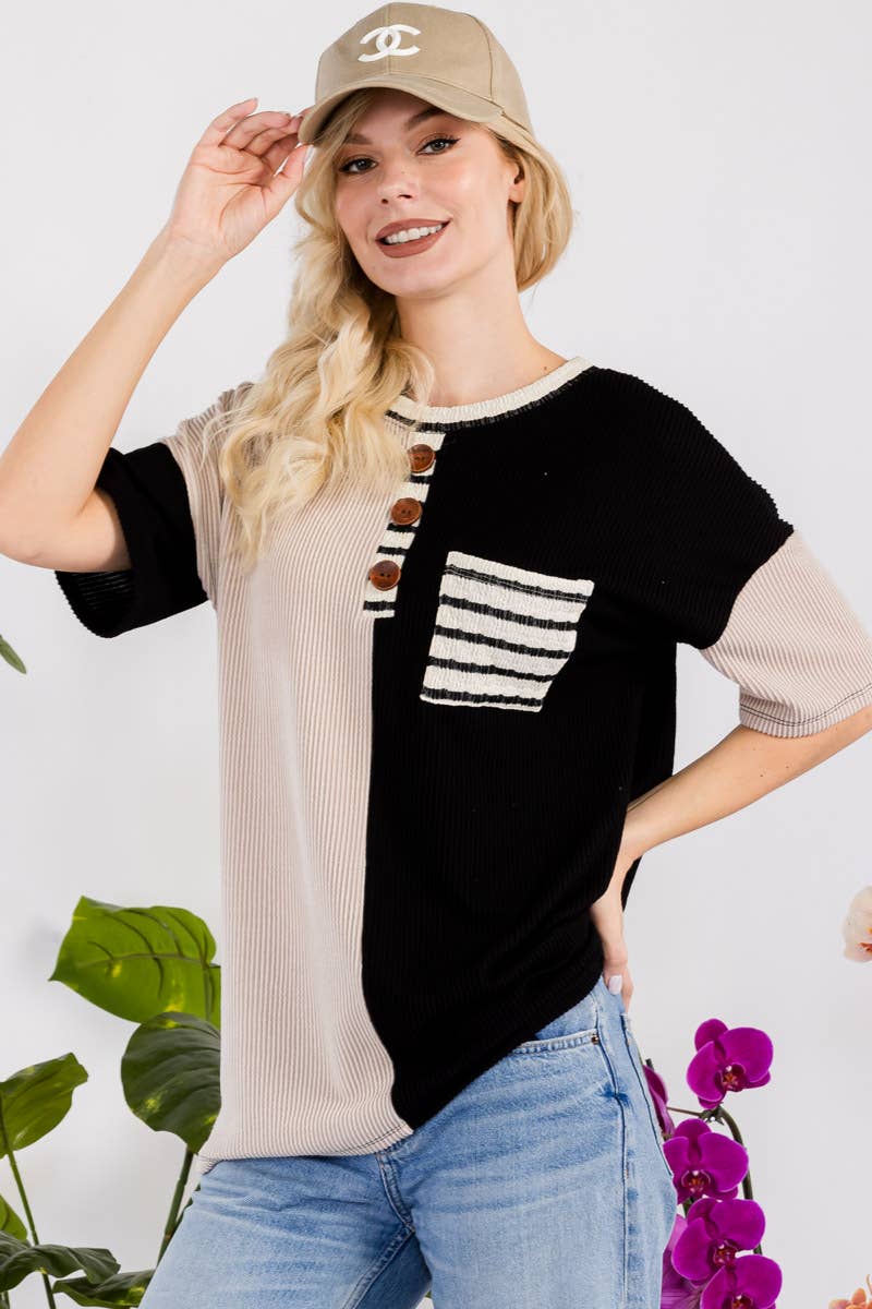 Celeste Clothing - Wholesale Tunic - Women's - URBAN RIB COLOR CONTRAST T-SHIRT WITH POCKET -CT43877A14
