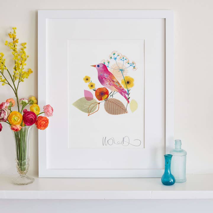Pink Bird Print, Yellow Floral Art for wholesale by I Drew This