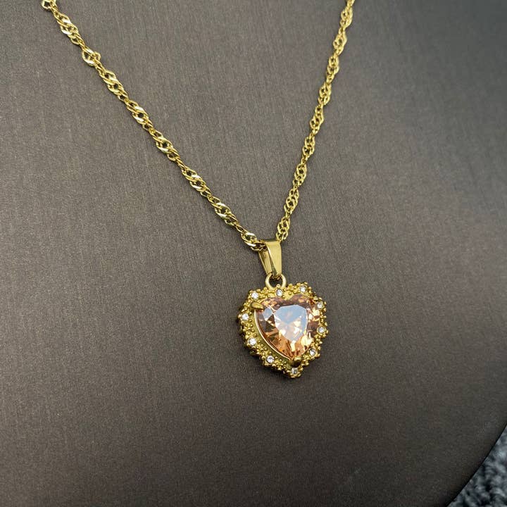 Mio Queena - Wholesale Pendant/Charm Necklace - Sparkling Heart Zircon Charm 18K Gold Plated SS Necklace-FGS
