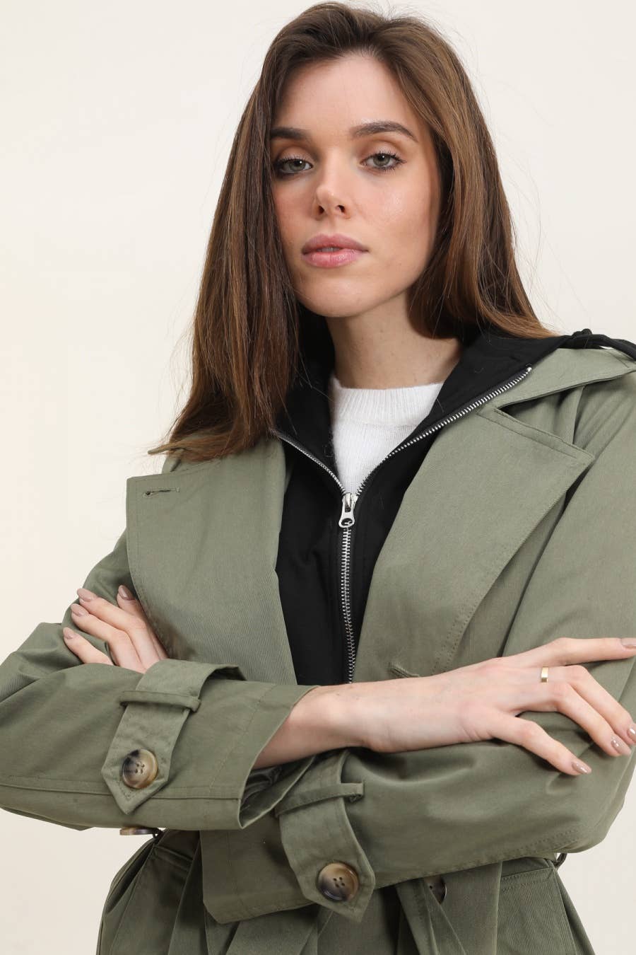 Attrait Paris - Wholesale Trench Coat - Women's - Long trench coat with hoodie yoke6