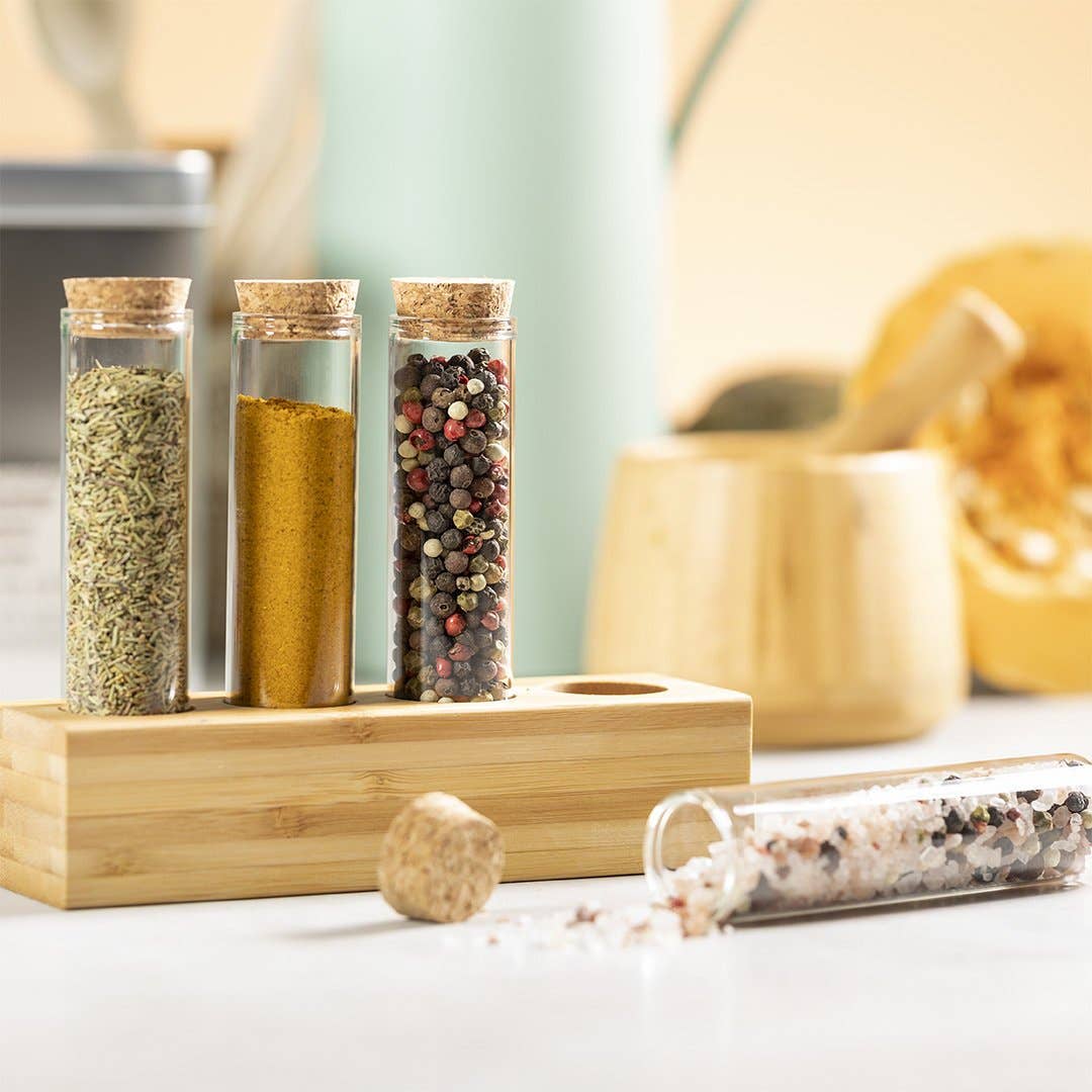 Ekoobou – wholesale Kryddställ – Kryddset med bambuhållare och fyra tuber på 70 ml i borosilikatglas3