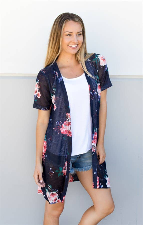 Tickled Teal – Engroshandel Cardigan - Dame – Blomstret kortærmet gennemsigtig strik cardigan2