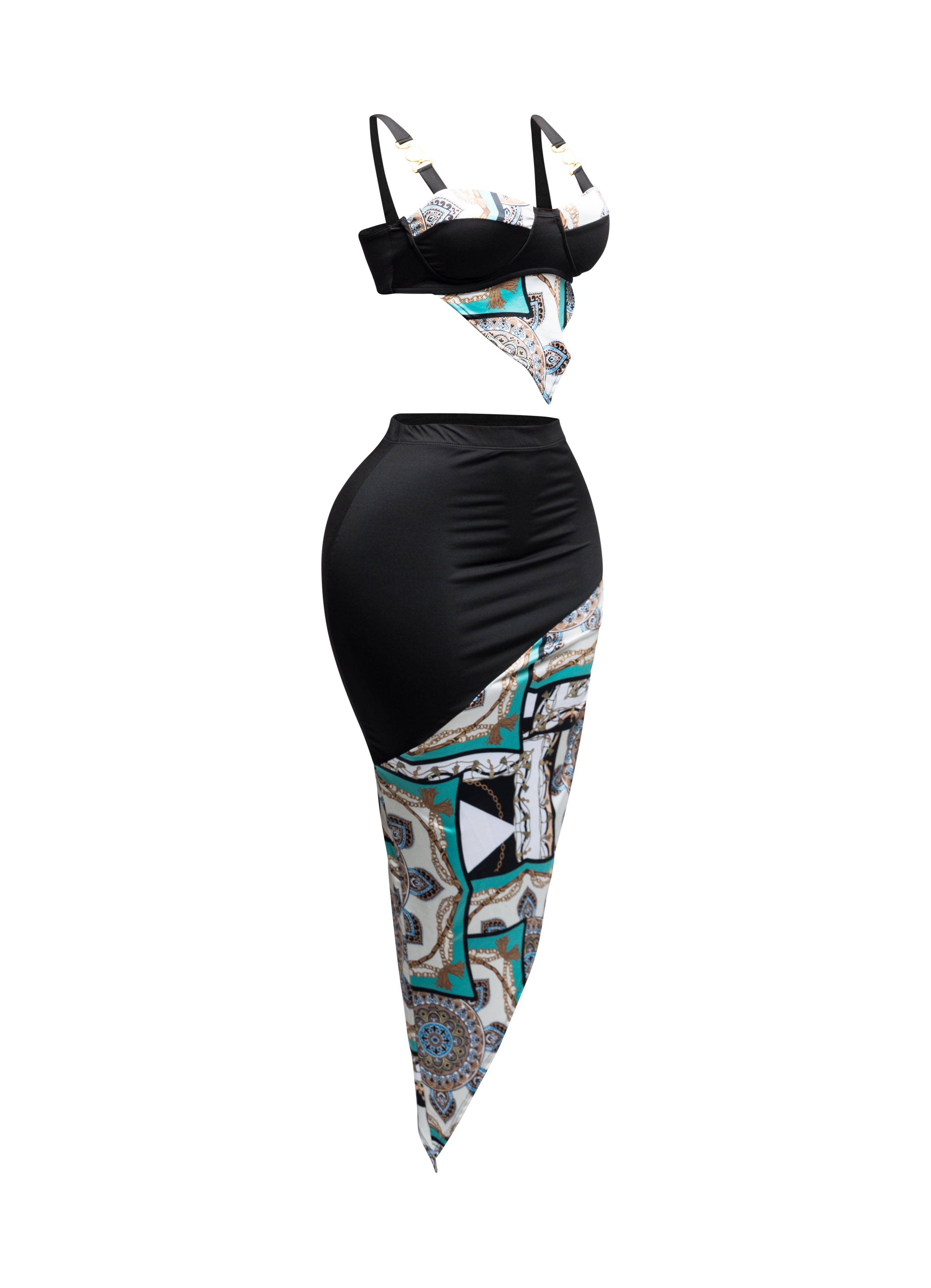 BLACK COMBO Contrast fabric top and asymmetrical skirt for wholesale on Faire2