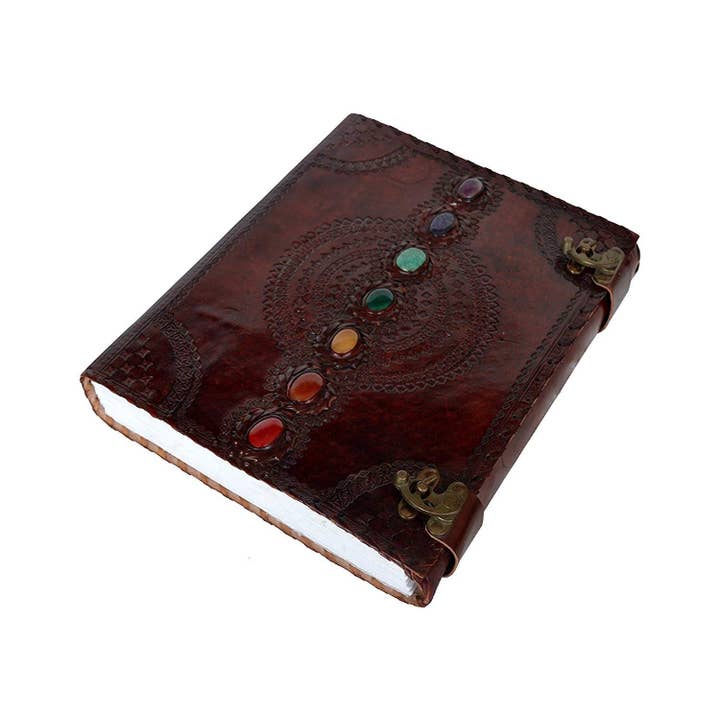 Tuzech Leather - Venta al por mayor Diario/agenda - Diario de Cuero Artesanal Veterano Siete Chakras Medieval con Piedra en Relieve Hecho a Mano Libro de Sombras Cuaderno Diario de Oficina Libro Universitario Libro de Poesía Cuaderno de Bocetos 10 x 13 Pulgadas