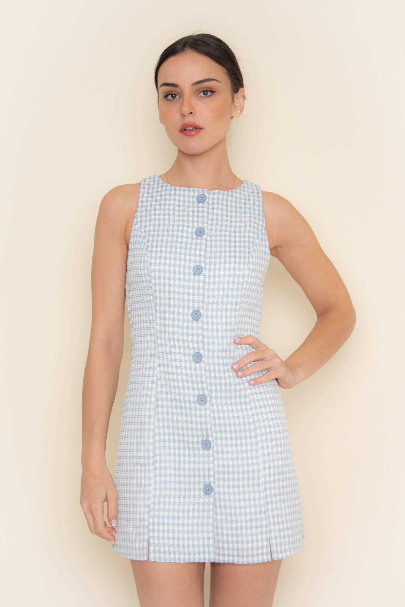 Fore Collection - Wholesale Dress - Women's - GINGHAM CHECKER BUTTON CLOSURE TANK MINI DRESS-DI9935FO25