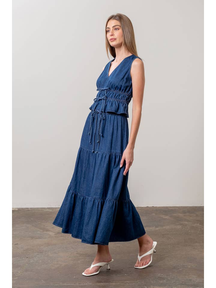 V NECK FRONT TIE DENIM TOP for wholesale on Faire