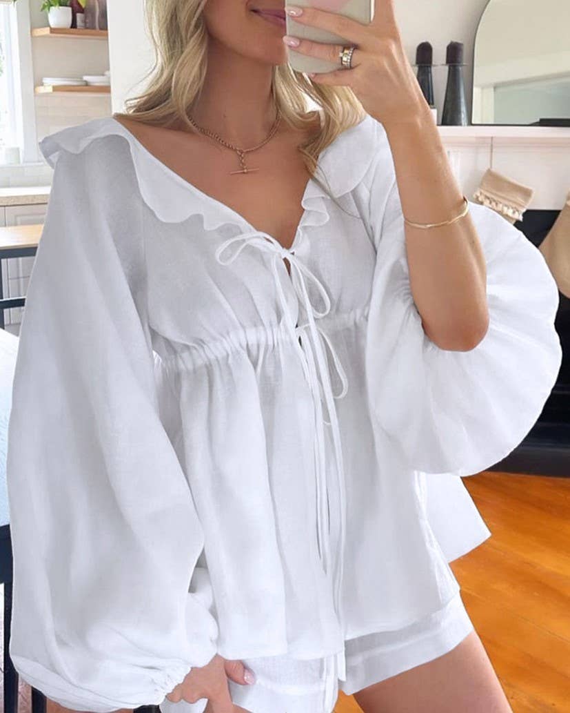 white ruffle lapel balloon sleeve blouse short set for wholesale on Faire2