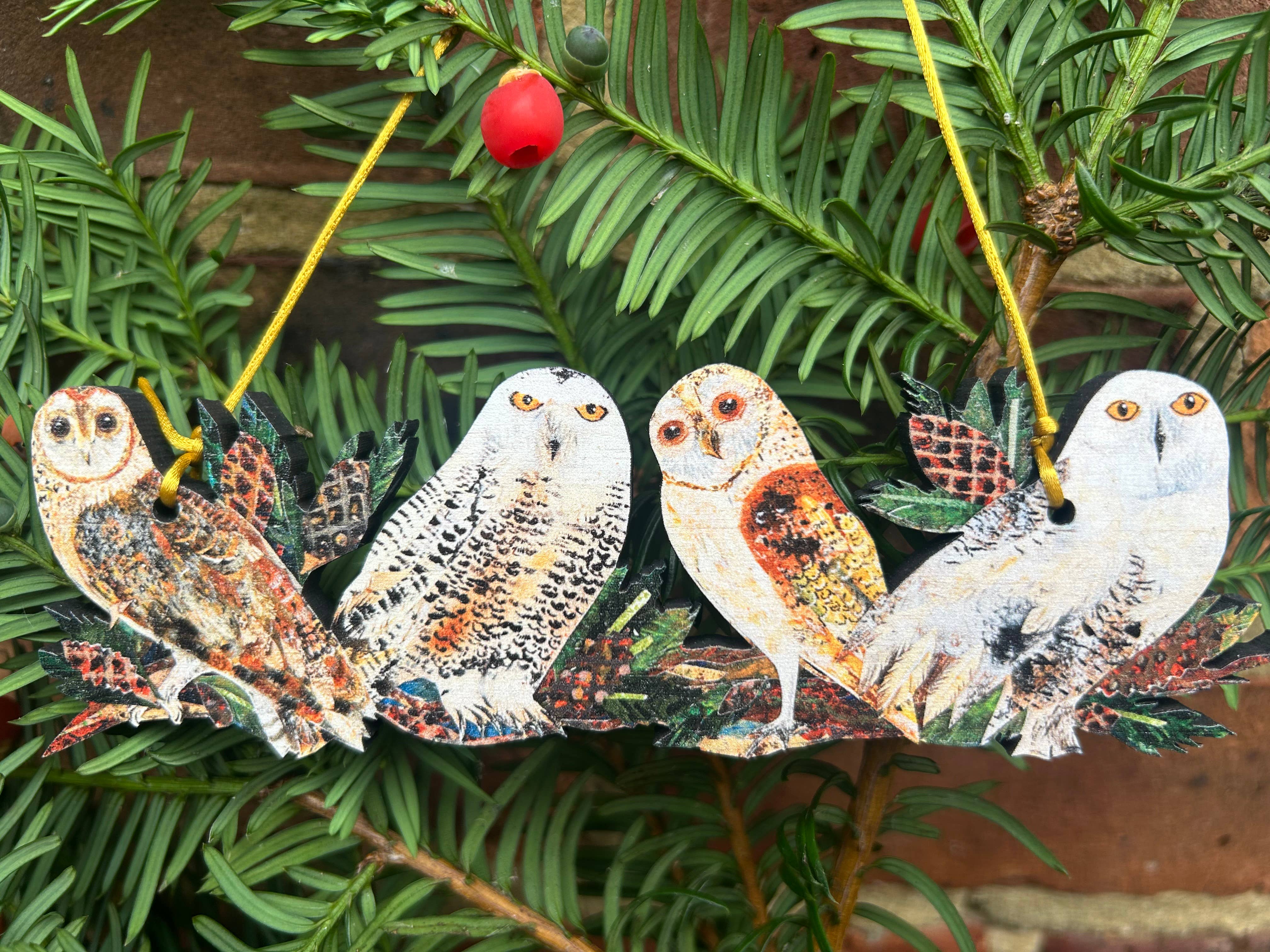 Clare O’Neill Artworks – wholesale Ornament – Winter Owls on a branch birch plywood decoration 3