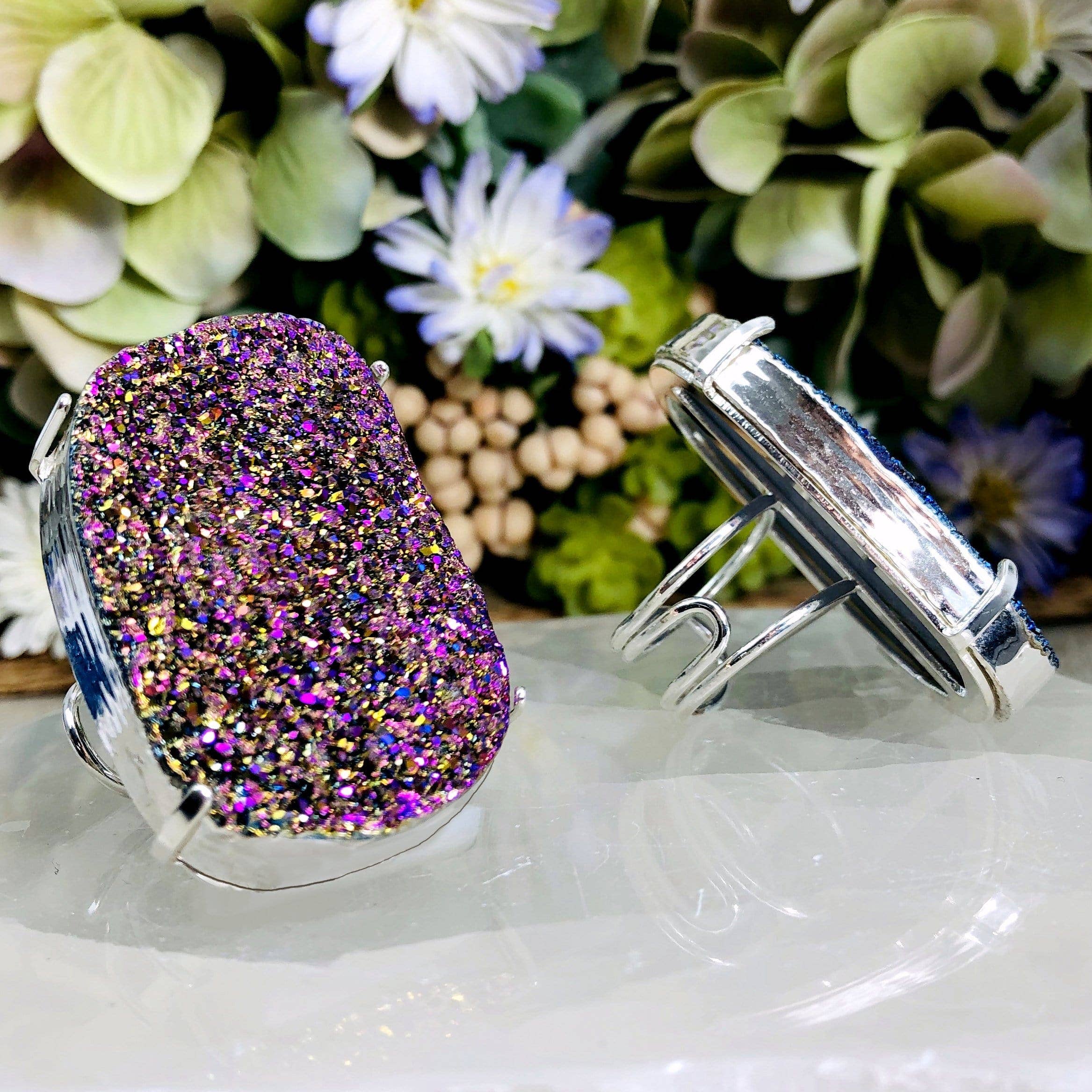 Rock Paradise - Vente Bague de cocktail/de cérémonie - Bagues argentées ajustables Druzy en cristal et titane3