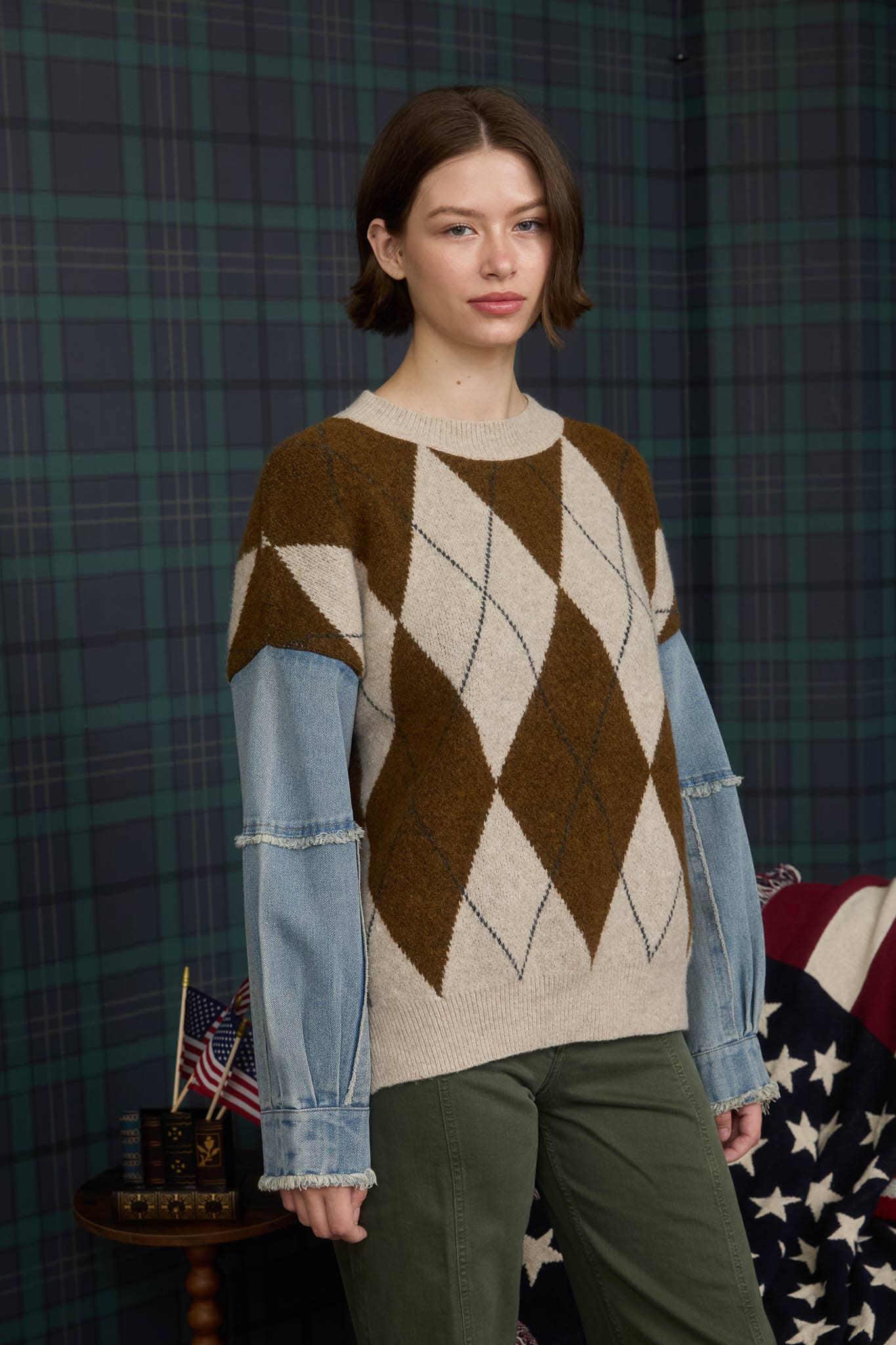 Blu Pepper – Engroshandel Pullover - Dame – ARGYLE STRIKTRØJE MED SLIDTE DENIMÆRMER2