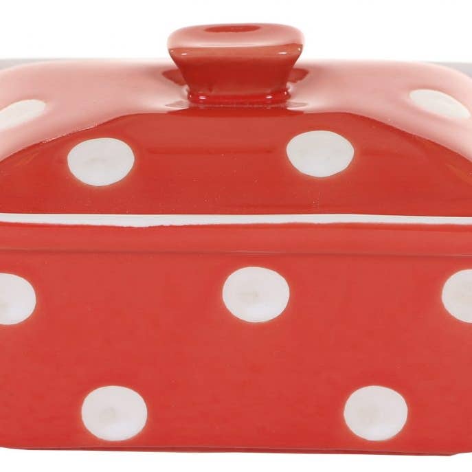 Red butter dish with dots Isabelle Rose for wholesale by Isabelle Rose