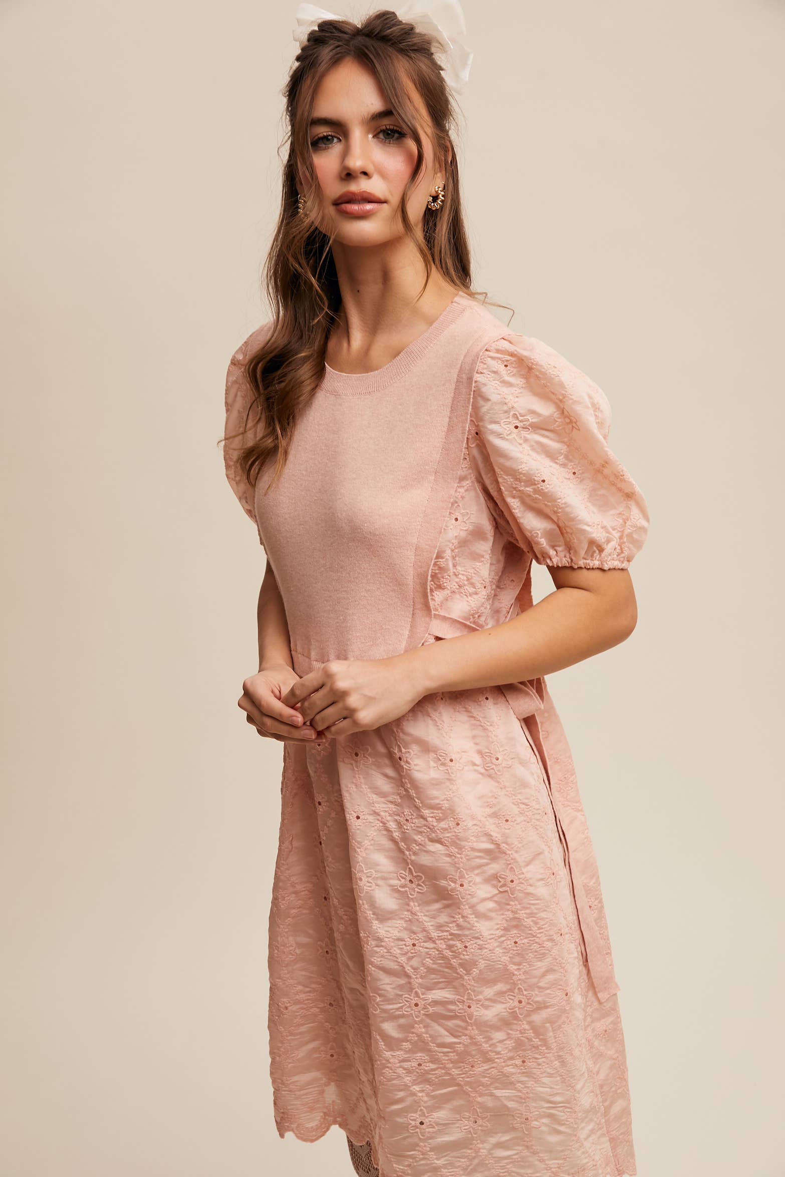 Listicle - Wholesale Dress - Women's - Embroidered Puff Sleeve Dress with Knit Vest4