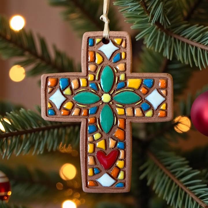 Mosaic Flower Ceramic Cross Artisanally Crafted Ornament for wholesale by Little Clay Hen