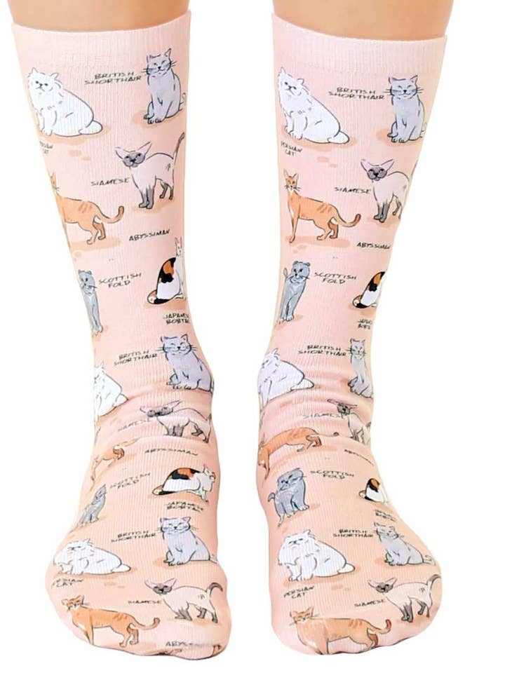 Living Royal - Wholesale Socks - Unisex - Novelty Graphic Crew Socks - Kitty Cat Breeds - Peach