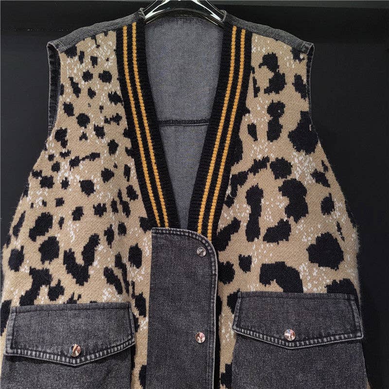 Caramel Brown M267 Autumn Winter Leopard Print Patchwork Denim Knit Vest for wholesale on Faire2