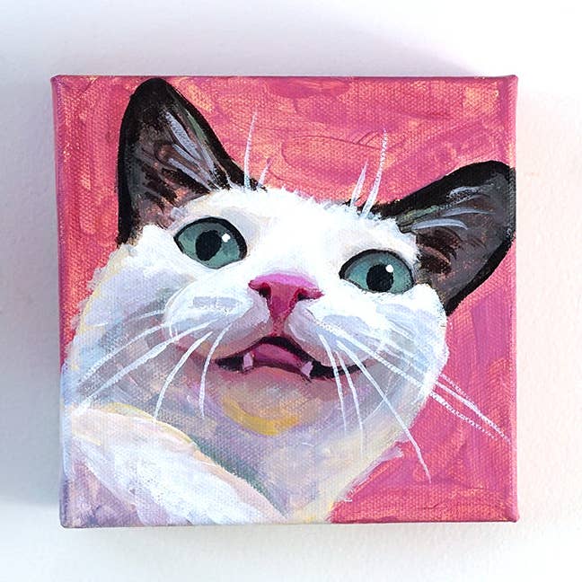Dipinto di gatto felice rosa per la vendita all'ingrosso da parte di Robin Good Art & Design