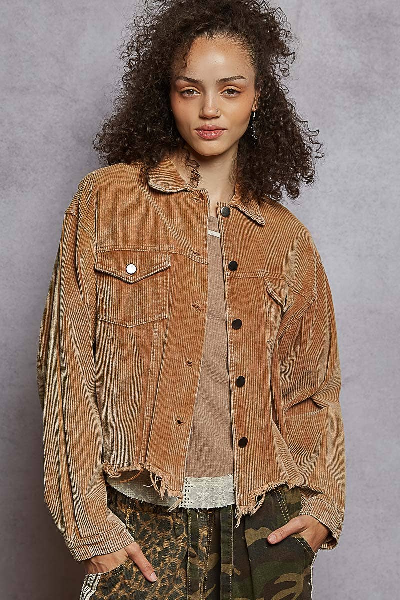 Pol Clothing - Wholesale Jacket - Women's - Pocket Front Button Down Corduroy Trucker Jacket SALE1
