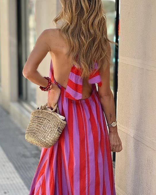 RoseRed Halterneck Backless Striped Print Maxi Dress for wholesale on Faire2
