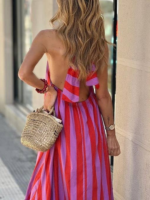 RoseRed Halterneck Backless Striped Print Maxi Dress for wholesale on Faire2