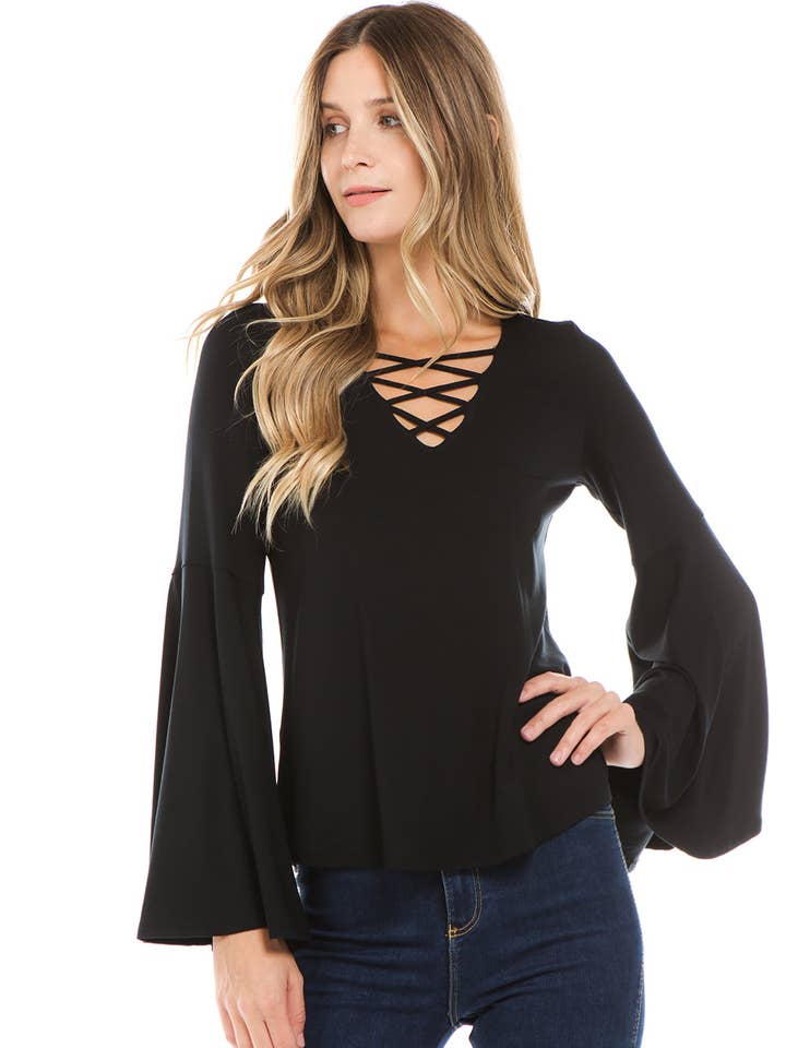 BEYONCE BELL SLEEVE TOP (BLACK)- VT2404 for wholesale by VAVA by Joy Han
