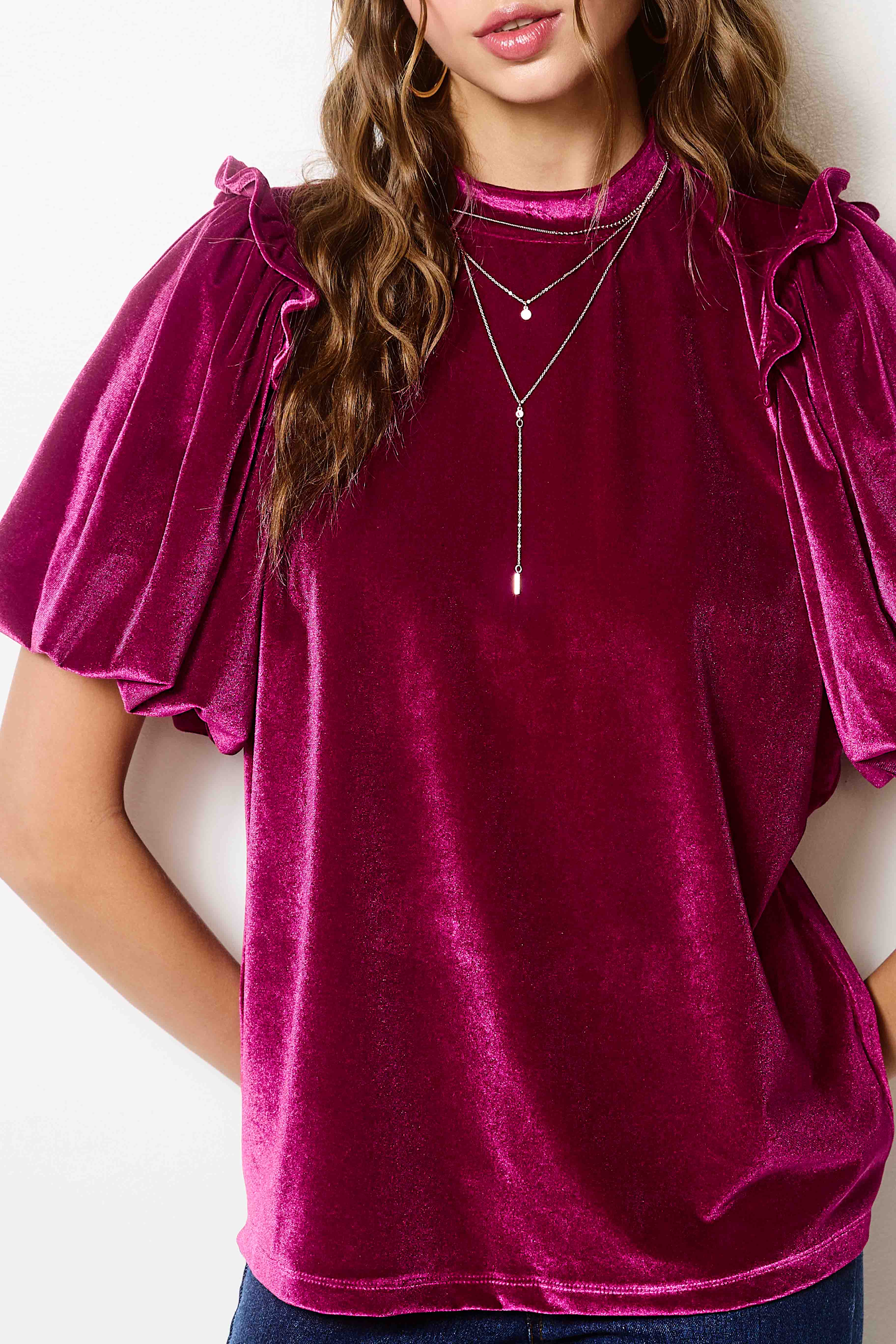 La Miel - Vendita all'ingrosso Camicetta - Donna - Top in velluto con maniche a sbuffo e collo alto, maniche corte11