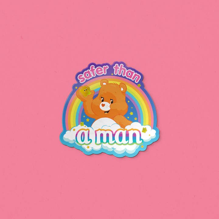 Safer Than a Man Feminist Bear Holographic Effect Sticker (PRE ORDER) for wholesale by Sassed Studios