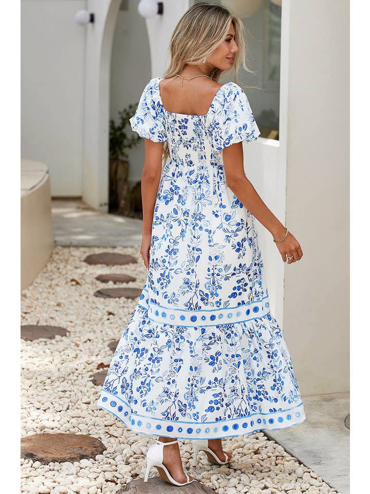 Sky Blue LDC Floral Print Square Neck Bubble Sleeve High Waist Dress for wholesale on Faire