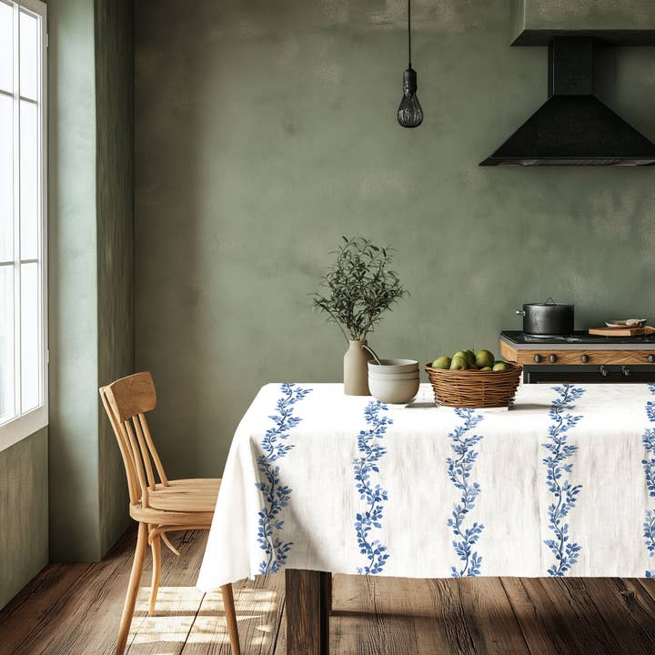 NorraVilla - Wholesale Tablecloth - 100% Linen Tablecloth Block print Klatte leaves blue