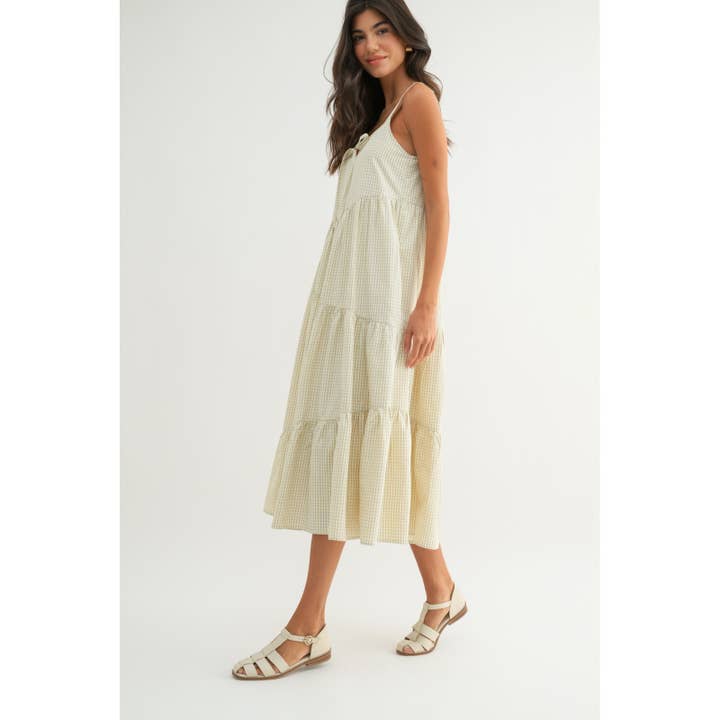 TAUPE CREAM PLAID ASYMMETRICAL TIERED MIDI DRESS / WL24-9970 for wholesale on Faire
