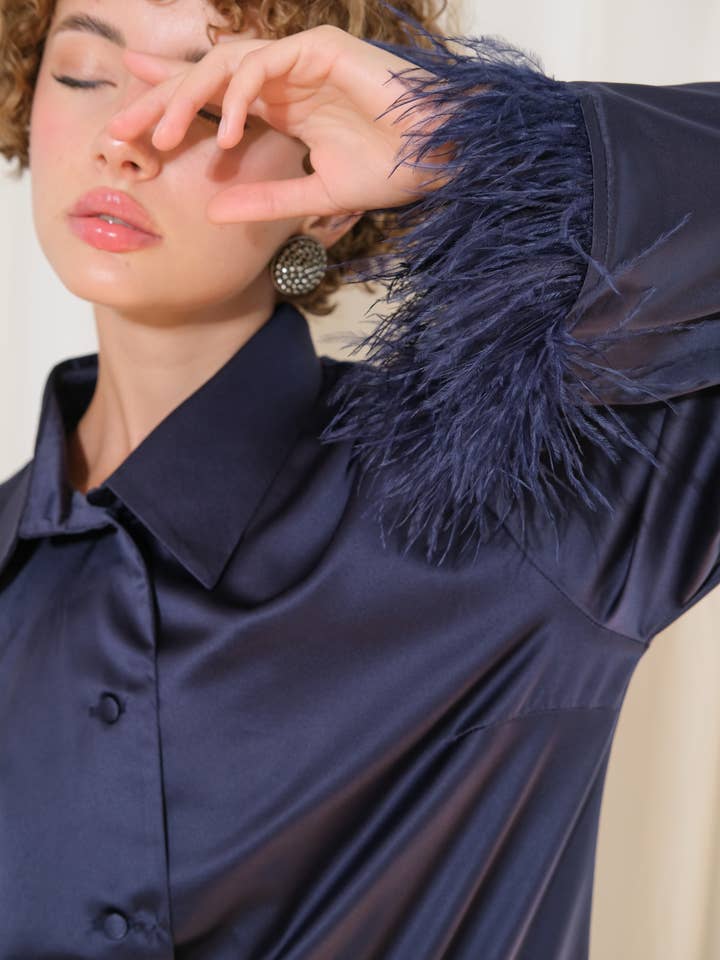 IDENTITY LINGERIE - Wholesale Sleepwear set – Women's - Silk Satin Pajamas Feathers Long Pyjama Set Women Nightwear