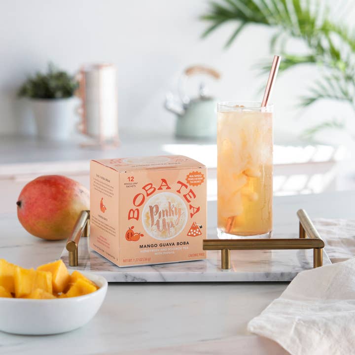 Pinky Up - Wholesale Tea Bags - Boba Tea Mango Guava Box of 12 Wrapped Pyramid Sachets2