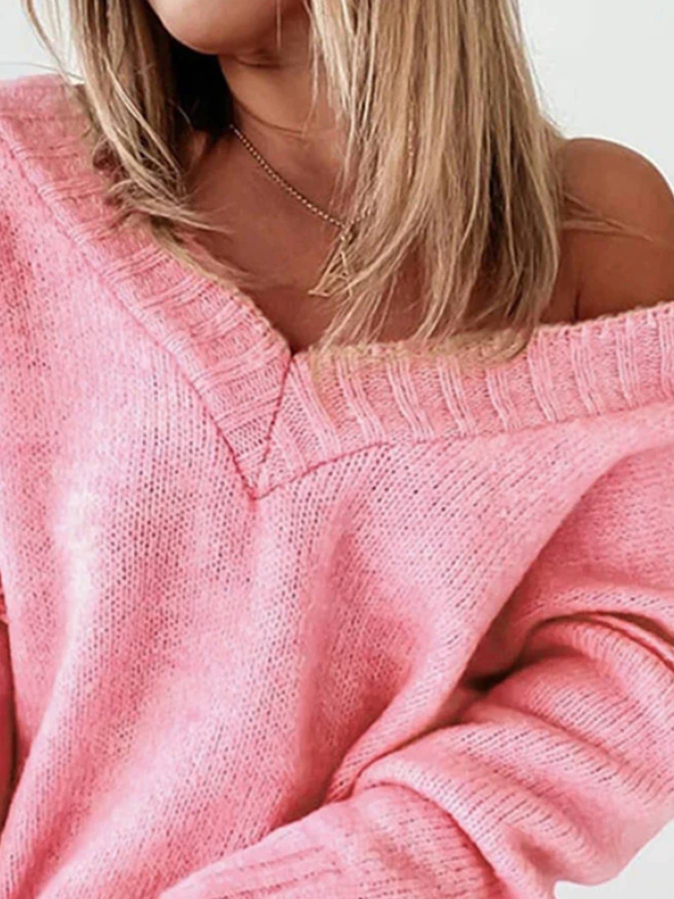 Pink Relaxed V-Neck Off-Shoulder Knit Sweater for wholesale on Faire3