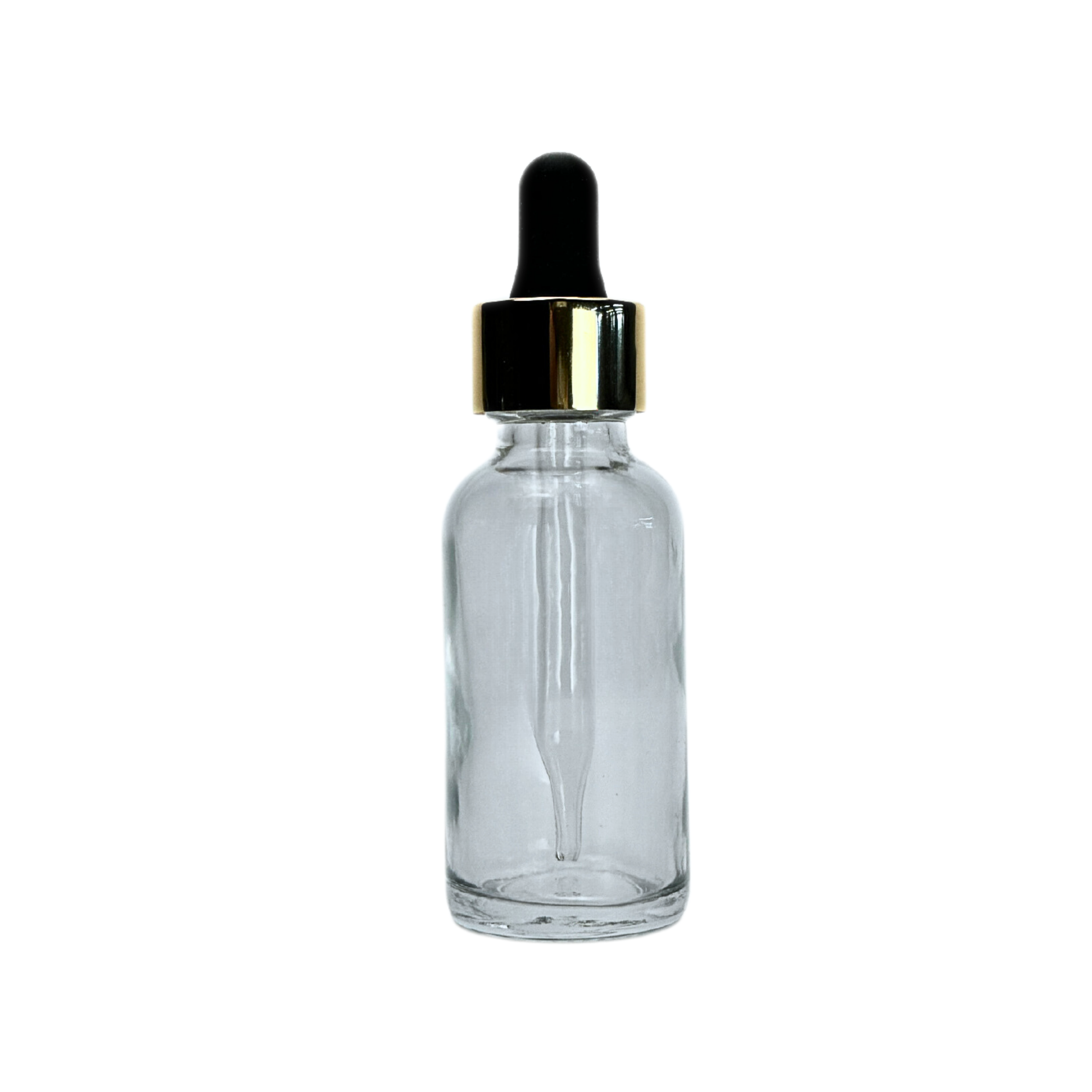 The Bottle Shoppe - Wholesale Essential Oil Holder - 1oz Clear Glass Bottle with Black and Gold Glass Dropper0