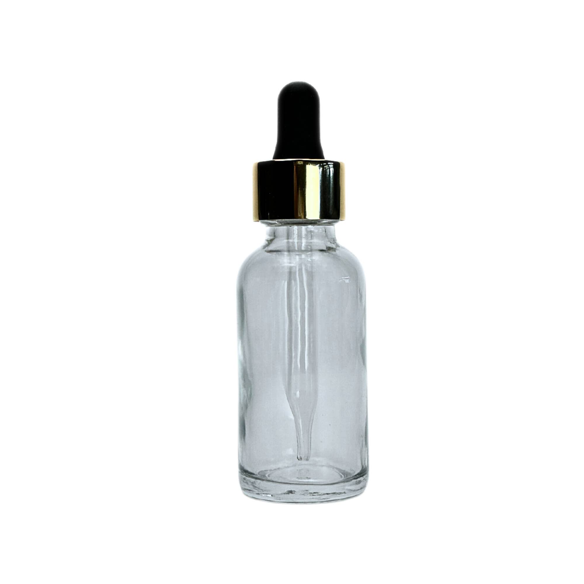 The Bottle Shoppe - Wholesale Essential Oil Holder - 1oz Clear Glass Bottle with Black and Gold Glass Dropper