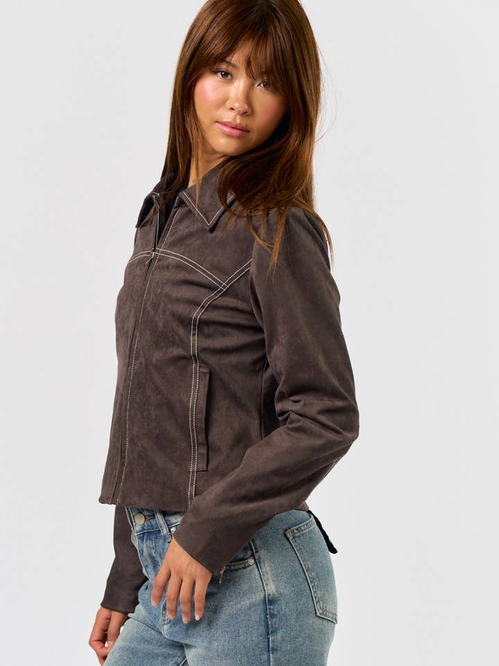 CHARCOAL Suede Jacket with Contrast Stitching for wholesale on Faire3